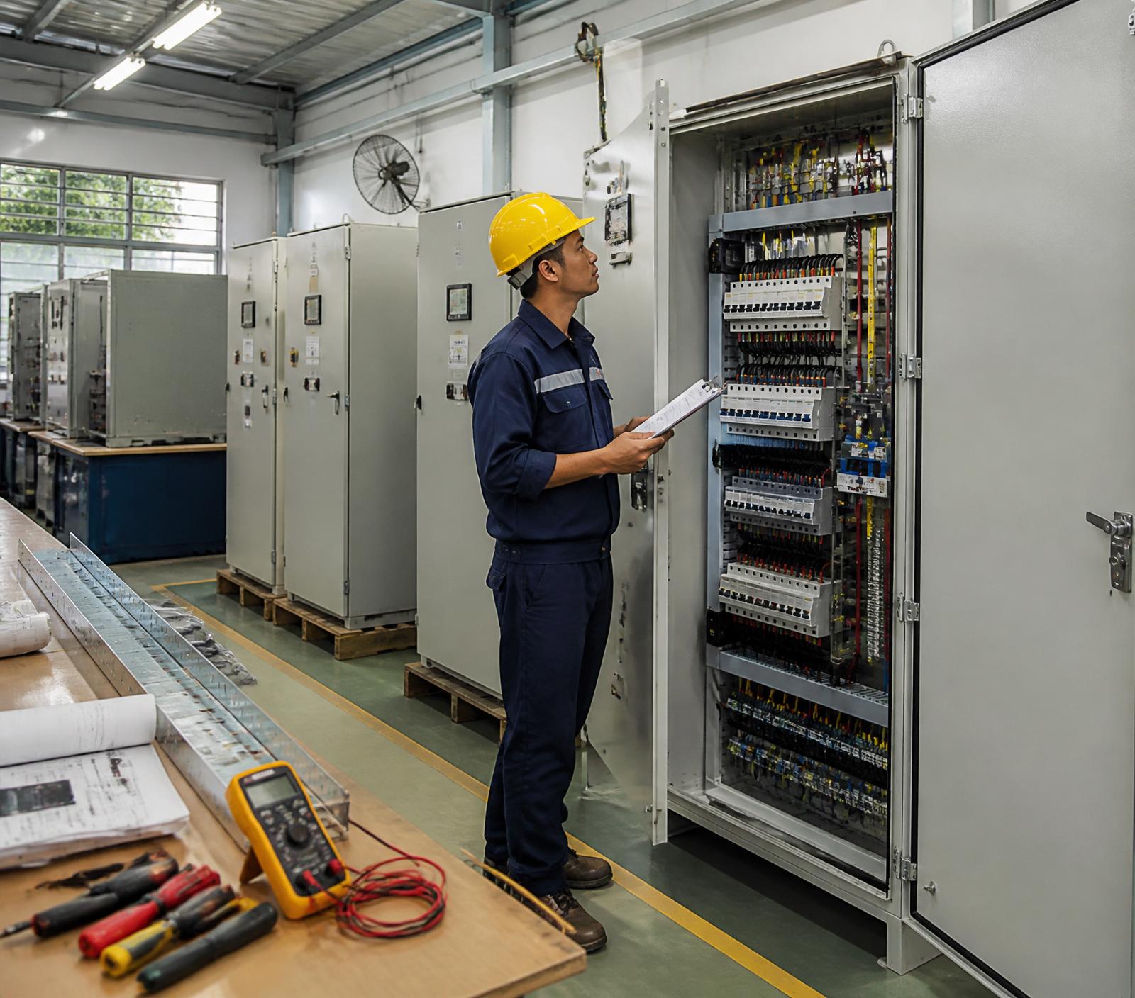 Senior electrical engineer inspecting industrial switchgear cabinet inside TOKO ARDI workshop