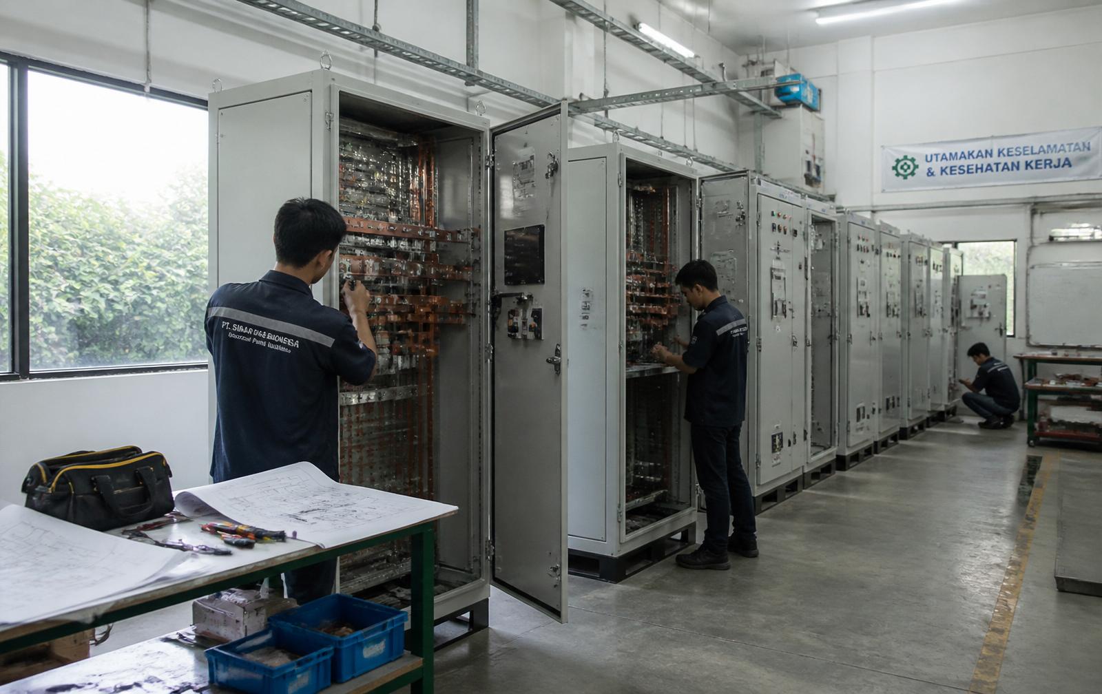 Row of high-voltage switchgear cabinets illuminated with blue LED lighting