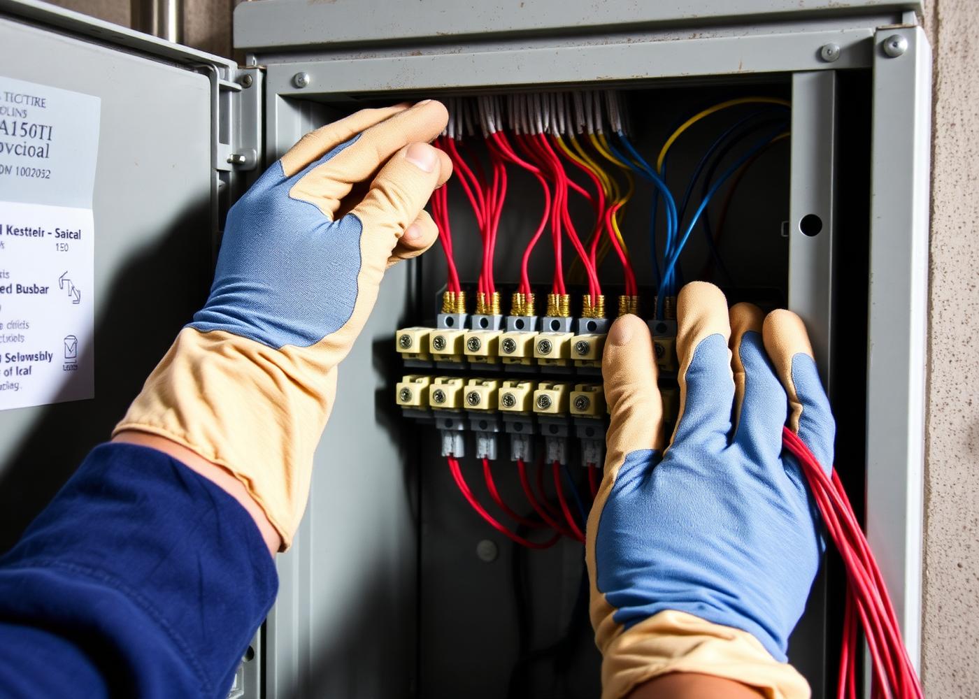 Technician assembling copper busbars inside MCC panel