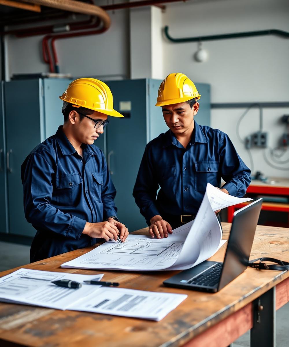 Engineers reviewing electrical blueprints