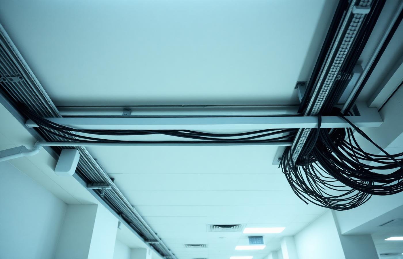 Organized cable trays running along industrial ceiling